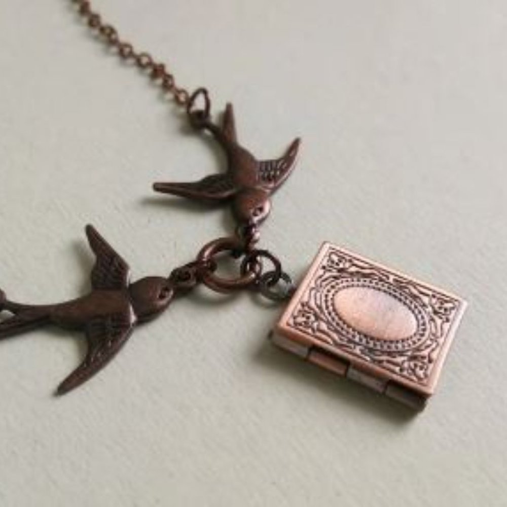 Two Birds Locket Necklace. Book Locket. Copper Locket Necklace. Miniature Book
